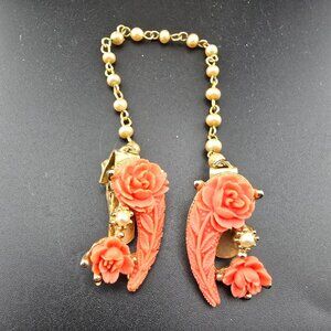 Vintage Celluloid Pink Rose Sweater Clips Gold Tone Spring Easter
